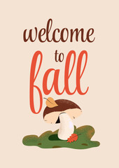 Poster template with a porcini mushroom in a forest glade and yellow leaves. Vertical background with autumn forest nature. Flat vector illustration. 
