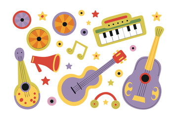 Obraz premium Musical Instruments: A cheerful composition of various musical instruments, including guitars, keyboard, and other musical elements, creating a lively and engaging artistic expression.