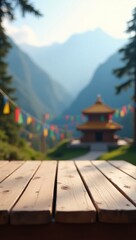Fototapeta premium Scenic Mountain Temple View with Wooden Tabletop Foreground for Product Placement