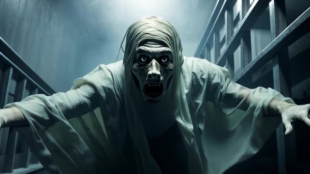 Eerie Ghost Emerging from Shadows in Dimly Lit Corridor at Night