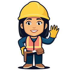 Friendly Female Construction Worker Cartoon Character Welcoming with a Wave Confidently Wearing a Safety Helmet and Gear Ready for Work