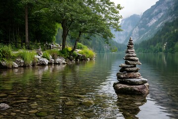 A stack of stones balanced on top of each other in the middle of a lake with mountains and trees in the background