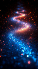 Obraz premium Luminous cosmic path of shimmering particles, flowing from vibrant blue to fiery orange across dark expanse, creating magical, abstract light trail