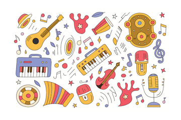 Musical instruments pattern: This illustration bursts with the vibrant essence of sound and rhythm. A collection of diverse musical instruments, playfully scattered.
