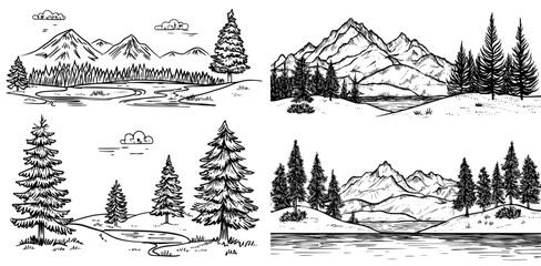 The beauty of nature is captured in a modern illustration of a silhouette panorama, featuring a foggy forest, snowy mountain peaks, and abstract silhouettes of wood and mountains in an outdoor