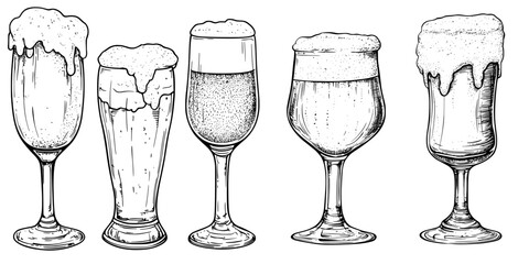 Modern illustrated sketches of a beverage set, comprising hand drawn beer glasses with vintage ink drawings of pub glasses, beer, and bubble foam, isolated on white