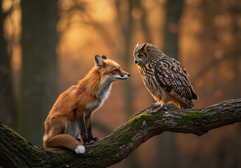 Red fox and an eagle owl sitting on a branch in an autumn forest.