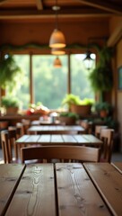 Obraz premium Rustic Restaurant Interior with Wooden Tables and Greenery in Soft Focus