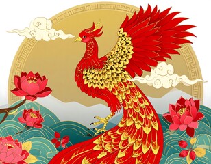 Naklejka premium Red phoenix, ornate, Asian style