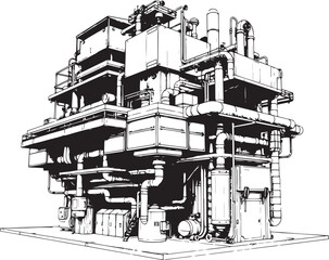 Obraz premium Factory, technical room, futurism, industry, equipment, mechanisms. Hand drawn vector illustration