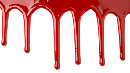 Red paint drips on a transparent background. The drips vary in length and thickness, creating a dynamic visual effect. Ideal for artistic or horror themes.