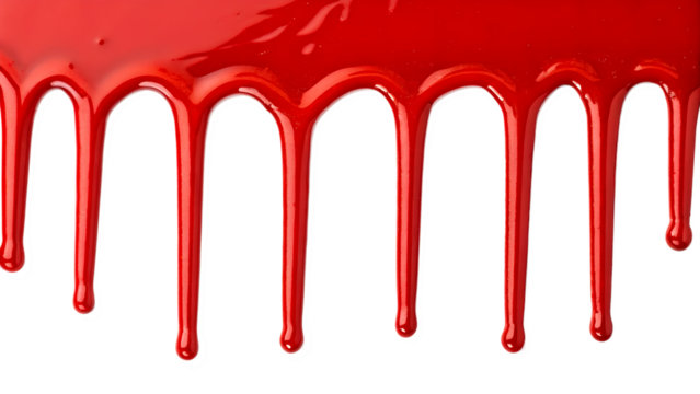 Red paint dripping in a smooth flow, isolated on a transparent background. The paint forms elongated droplets, creating a striking visual effect.