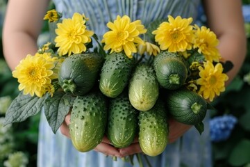 Woman holds a bouquet of cucumbers and yellow flowers in a garden on a sunny day