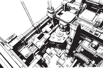Factory, technical room, futurism, industry, equipment, mechanisms. Hand drawn vector illustration
