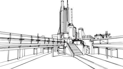 Factory, technical room, futurism, industry, equipment, mechanisms. Hand drawn vector illustration