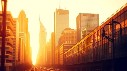 Modern cityscape with golden architectural forms and soft gradient lighting, evoking futuristic elegance.