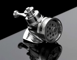 Shiny, metallic object with sleek design and circular perforations