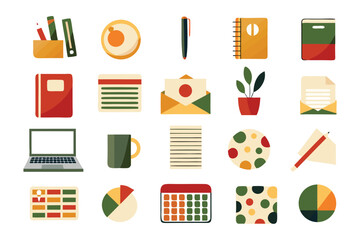 Stationery Office: An assortment of stationery and office supplies arranged, with vibrant colors, suggesting a workspace setting, useful for presentations and communication.