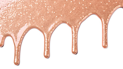 A shiny, rose gold liquid with glitter drips down against a transparent background. The texture appears smooth and glossy, ideal for cosmetic or artistic use.