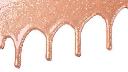 A shiny, rose gold liquid with glitter drips down against a transparent background. The texture appears smooth and glossy, ideal for cosmetic or artistic use.