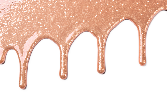 A shiny, rose gold liquid with glitter drips down against a transparent background. The texture appears smooth and glossy, ideal for cosmetic or artistic use.