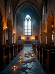 Fototapeta premium A quiet church interior with lit candles and stained glass windows, creating a peaceful, reflective mood. death, funeral