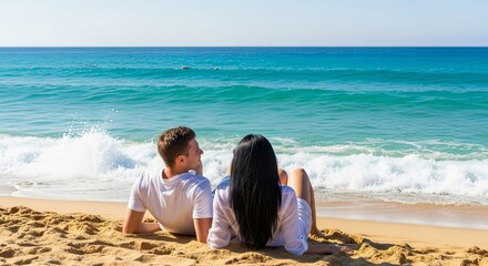 A loving couple seen from behind relaxing on a golden sandy beach, enjoying their romantic summer vacation and watching the turquoise ocean waves.