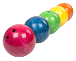 Five colorful bowling balls arranged in a line. The balls are pink, blue, green, yellow, and orange, each with a glossy finish and visible finger holes.