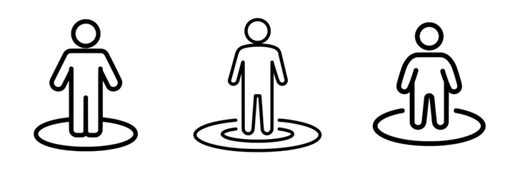A line art icon for digital platforms showing a person's location on a map with a street view