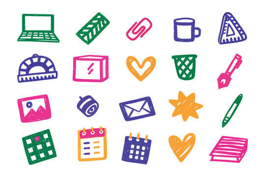 Creative Stationery Set: A colorful assortment of hand-drawn office supplies and creative tools are artfully arranged in a vibrant composition, perfect for adding a touch of fun to your projects.
