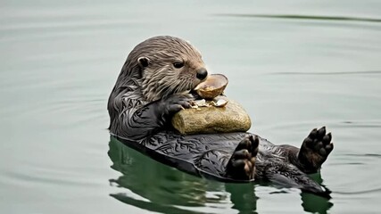 Wild Sea Otter Floating on its Back, Expertly Using a Rock to Crack Open a Shellfish while Feeding in Calm Water