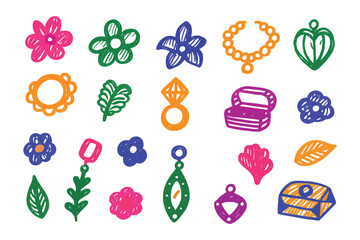 Floral Adornments & Precious Treasures: A collection of whimsical floral and jewelry illustrations, hand-drawn with colorful strokes, perfect for a touch of artistic elegance.
