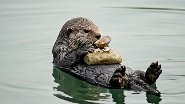 Wild Sea Otter Floating on its Back, Expertly Using a Rock to Crack Open a Shellfish while Feeding in Calm Water
