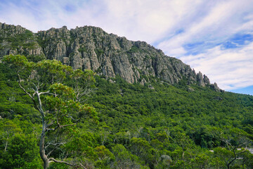 Obraz premium Panorama of the rock formation Projection Bluff from Bluff Lookout, along the Highland Lakes Road in the north of the Central Highlands in Tasmania, Australia 