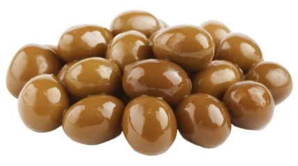 Shiny brown olives with smooth skins arranged on a clean white background or transparent png 