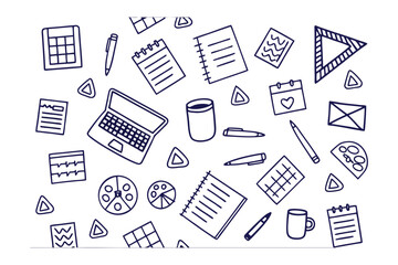 Drawn workspace elements: A neatly organized arrangement of simple and essential office objects and stationery on an unobtrusive plain background. Showcasing focus on simplicity and efficiency.