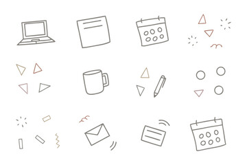 Office Workspace and Planning Tools: A whimsical illustration depicting a collection of essential office items and planning tools, perfect for illustrating concepts of work, organization.