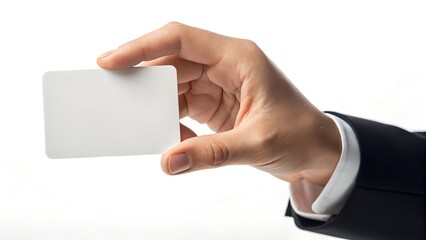 Obraz premium Hand in a suit holding a blank white business card