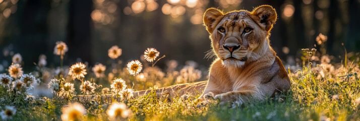 Majestic lioness gracefully resting in sunlit field adorned with glowing wildflowers during golden hour, showcasing serene beauty of wildlife in nature.