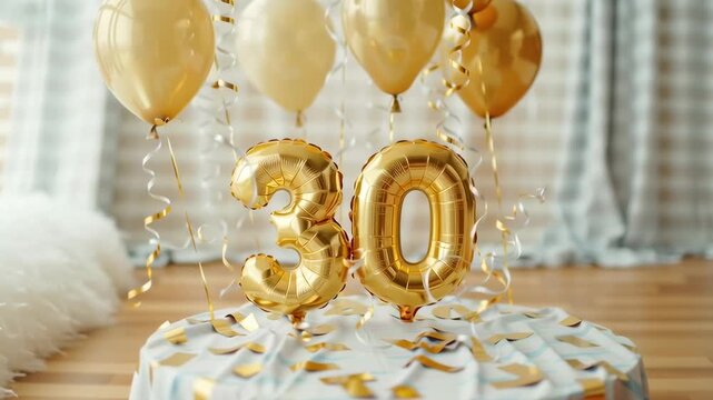 A large gold balloon with the number 30 on it. The balloon is surrounded by streamers and is placed on a white surface