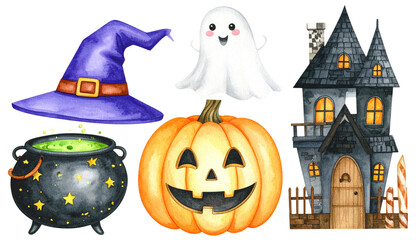 Watercolor Halloween Elements Set with Haunted House, Pumpkin, Witch Hat, Ghost and Cauldron – PNG

