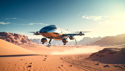 Futuristic spacecraft takes off from sandy desert landscape with mountains under clear blue sky, showcasing advanced technology and adventurous spirit.