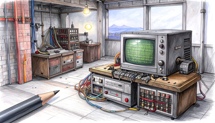 Vintage oscilloscope sits on workbench in cluttered workshop, surrounded by tools and wires, creating a nostalgic and inventive atmosphere.