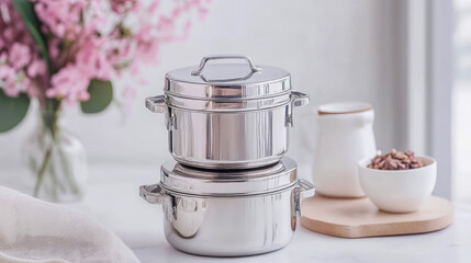 Elegant stack of two gleaming stainless steel food containers or tiffin boxes with lids, perfect for meal prep, displayed in bright kitchen with flowers and healthy snacks.