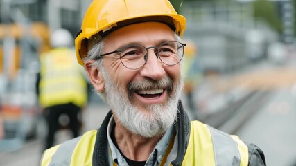 A man with a yellow hard hat and glasses is smiling at the camera. He is wearing a yellow vest and a yellow helmet - Powered by Adobe