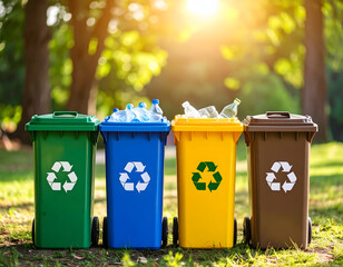 Recycling Bins Under Sunlight:  A row of colorful recycling bins, each designated for different materials, sits bathed in sunlight within a green park, promoting environmental responsibility. 