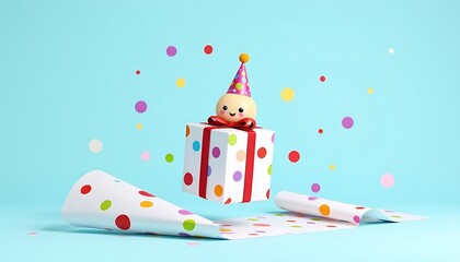 A festive box with a red ribbon and a cute smiley face in a hat, confetti and polka dot wrapping paper on a blue background, a fun birthday and gift concept, 3D illustration