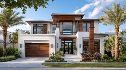 Upscale modern home with wood accents, expansive windows, and tropical landscaping, offering an inviting and luxurious curb appeal.