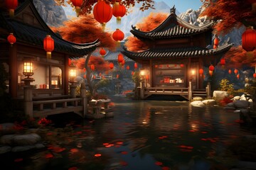 Fototapeta premium A traditional Chinese courtyard with red lanterns, wooden architecture, and a koi pond