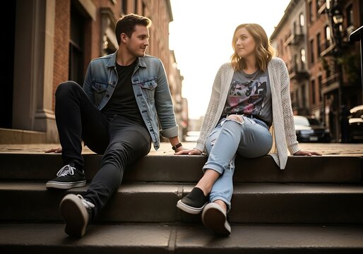 Young couple casually sitting and chatting on urban stone steps during golden hour light. - Powered by Adobe